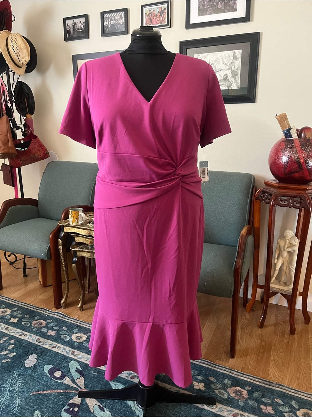 London Times Fuchsia Wrap-Detail Midi Dress with Ruffle Hem